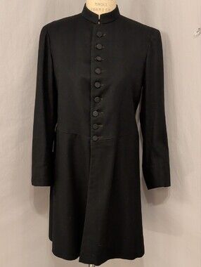 Antique Black Wool Military Frock Stand Collar  Coat Dress Jacket Front Button